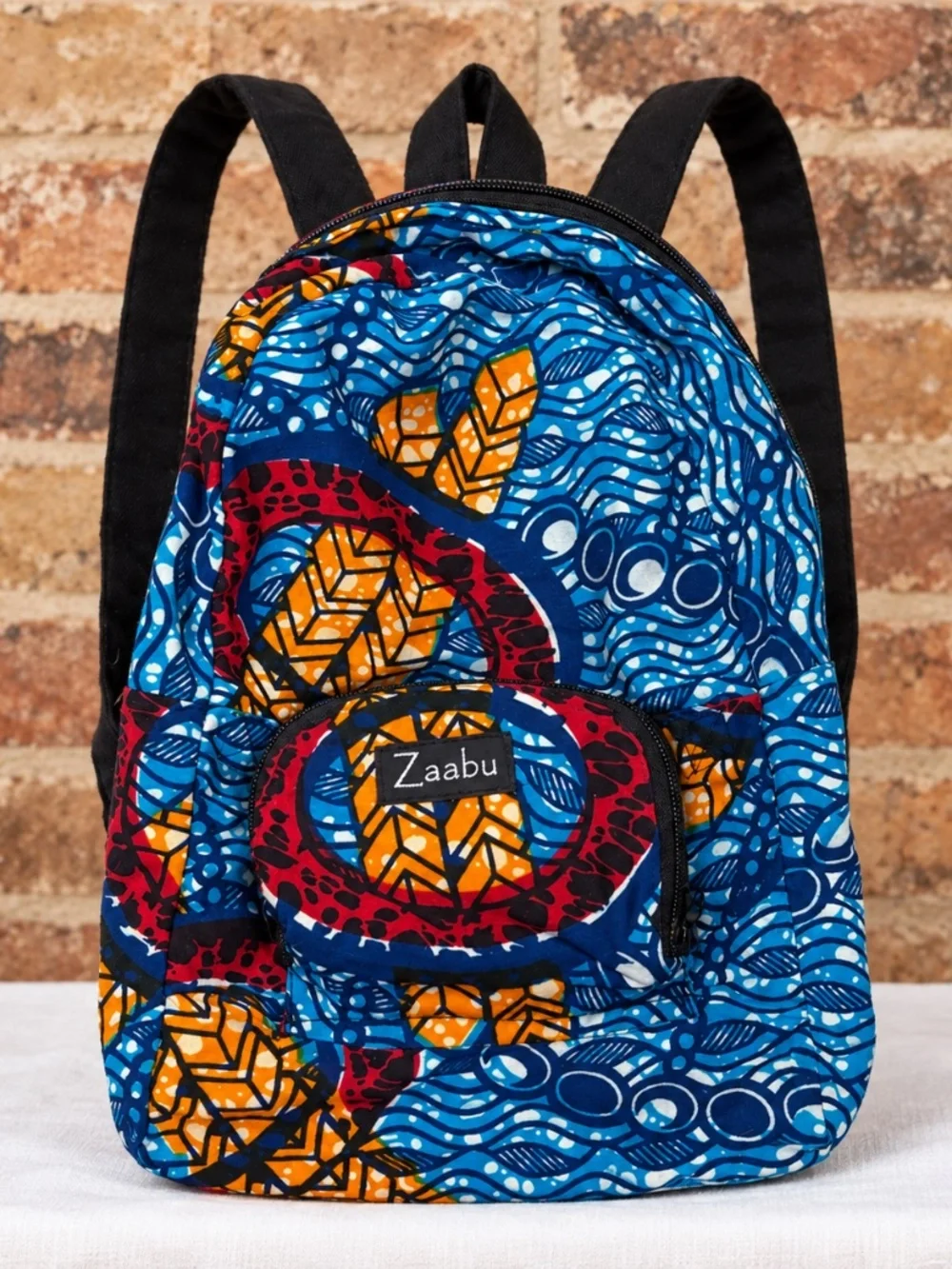 Zaabu Ankara Mini Backpack African Wax Print Blue Geometric Boho Travel Bag